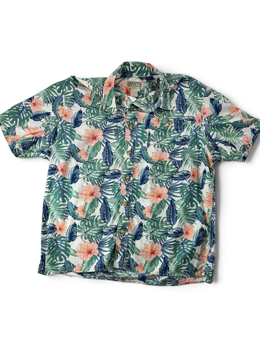 Duluth Trading Co Short Sleeve Tropical Floral Button-Up Shirt - Green/Blue/Pink